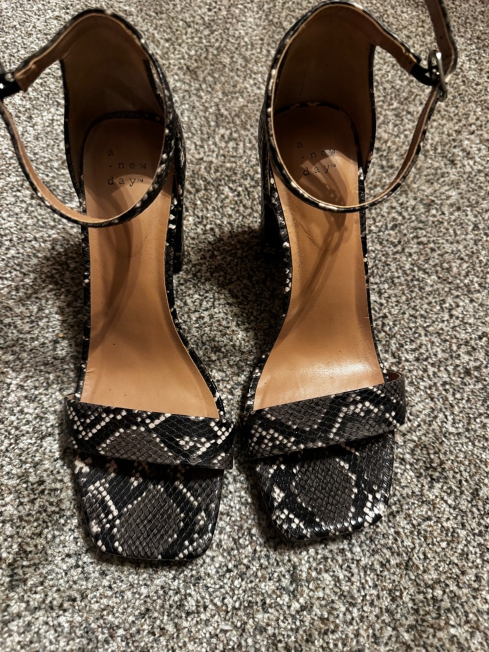 a new day Black Snake-Print Ankle Strap Block Heel Sandals
